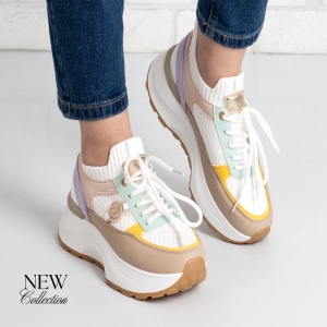 Дамски маратонки в бяло зелено и тъмно бежово