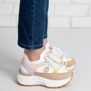 Дамски маратонки в бяло зелено и тъмно бежово