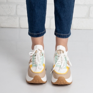 Дамски маратонки в бяло зелено и тъмно бежово